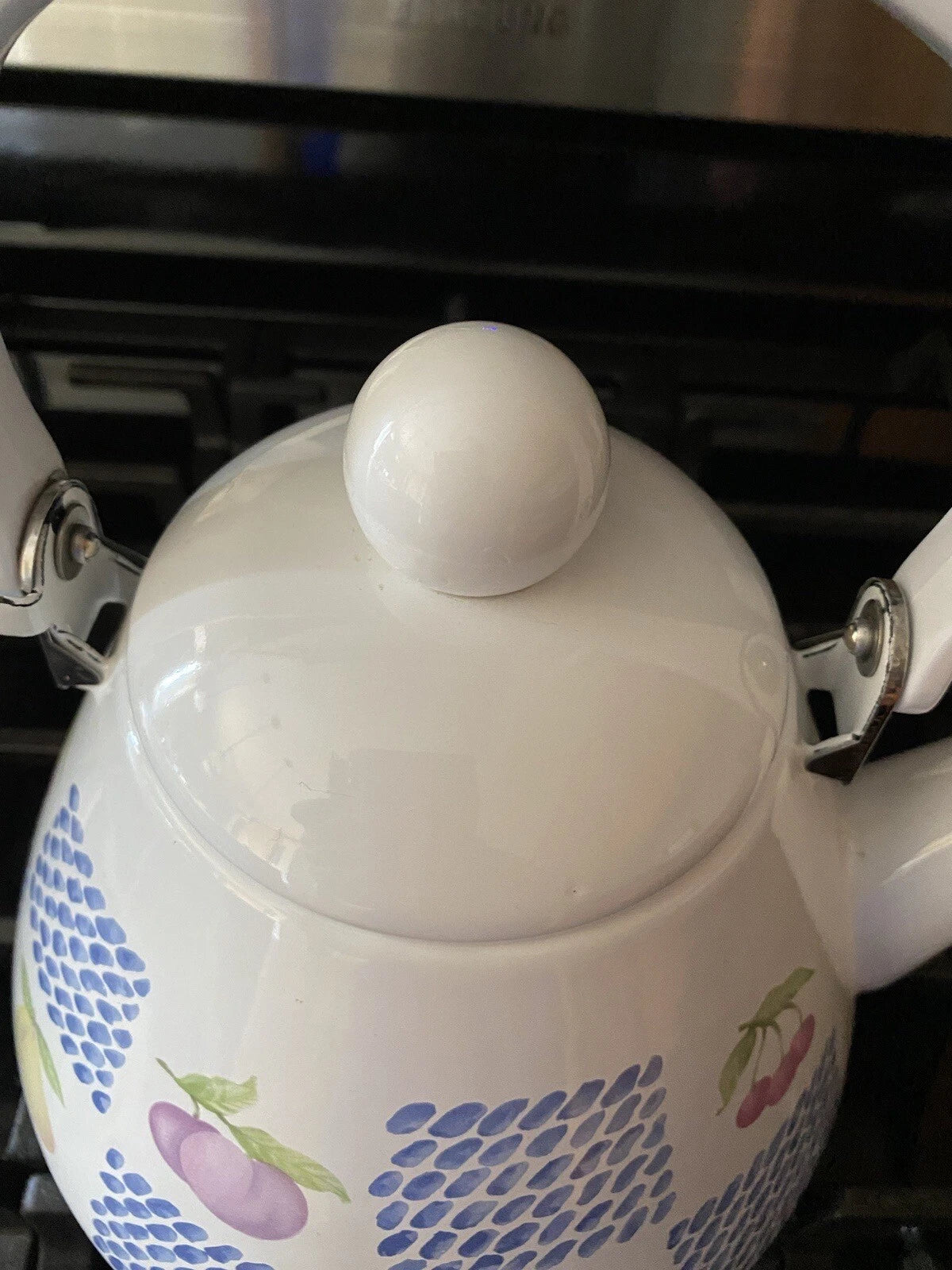 Teapot White Enamel Fruit Pear Cherries Plum Peach Blue 2 Qt Tea Pot