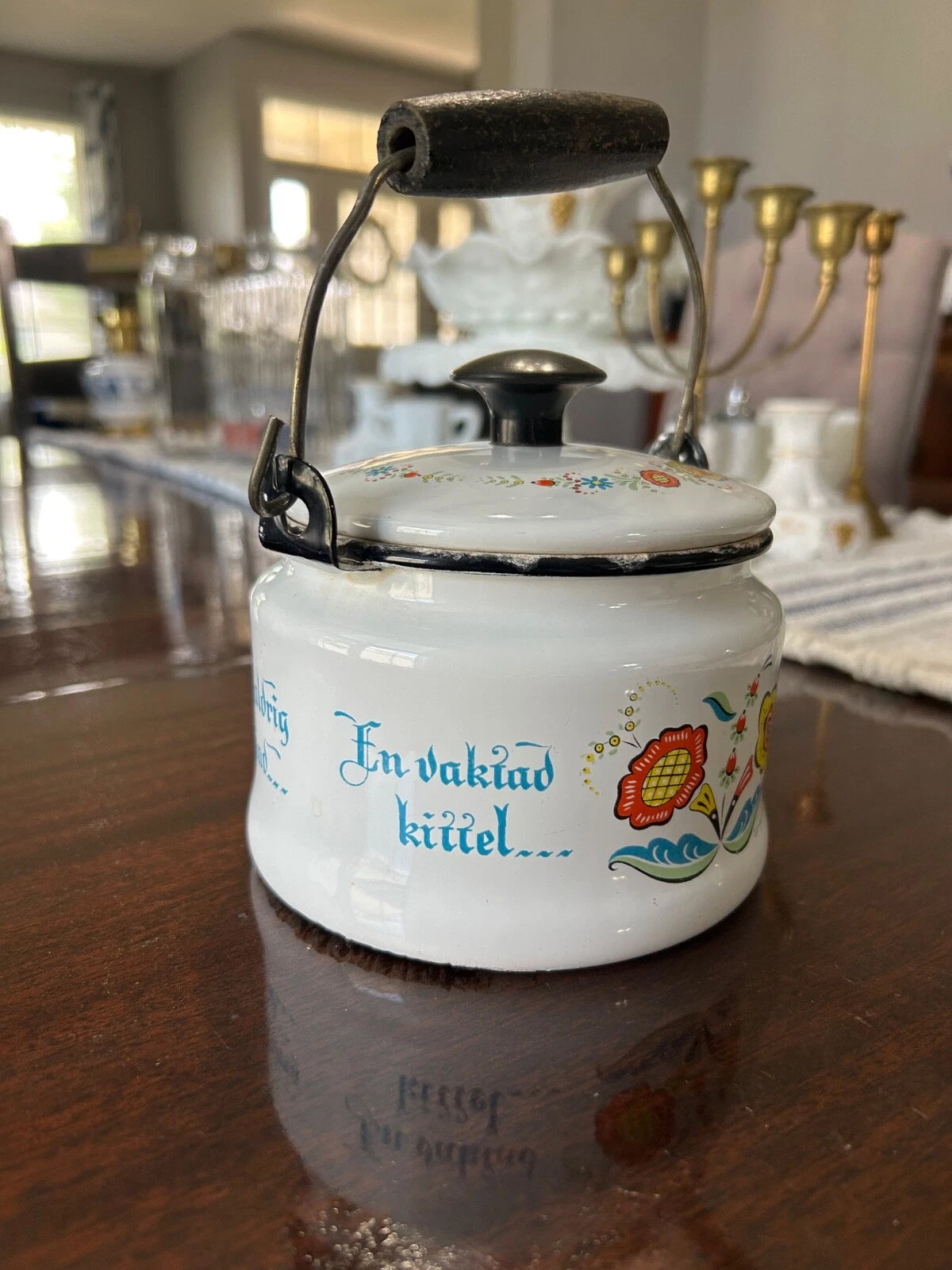 Vintage Berggren Enamelware Teapot Tea Kettle Pennsylvania Dutch Folk Art Decor