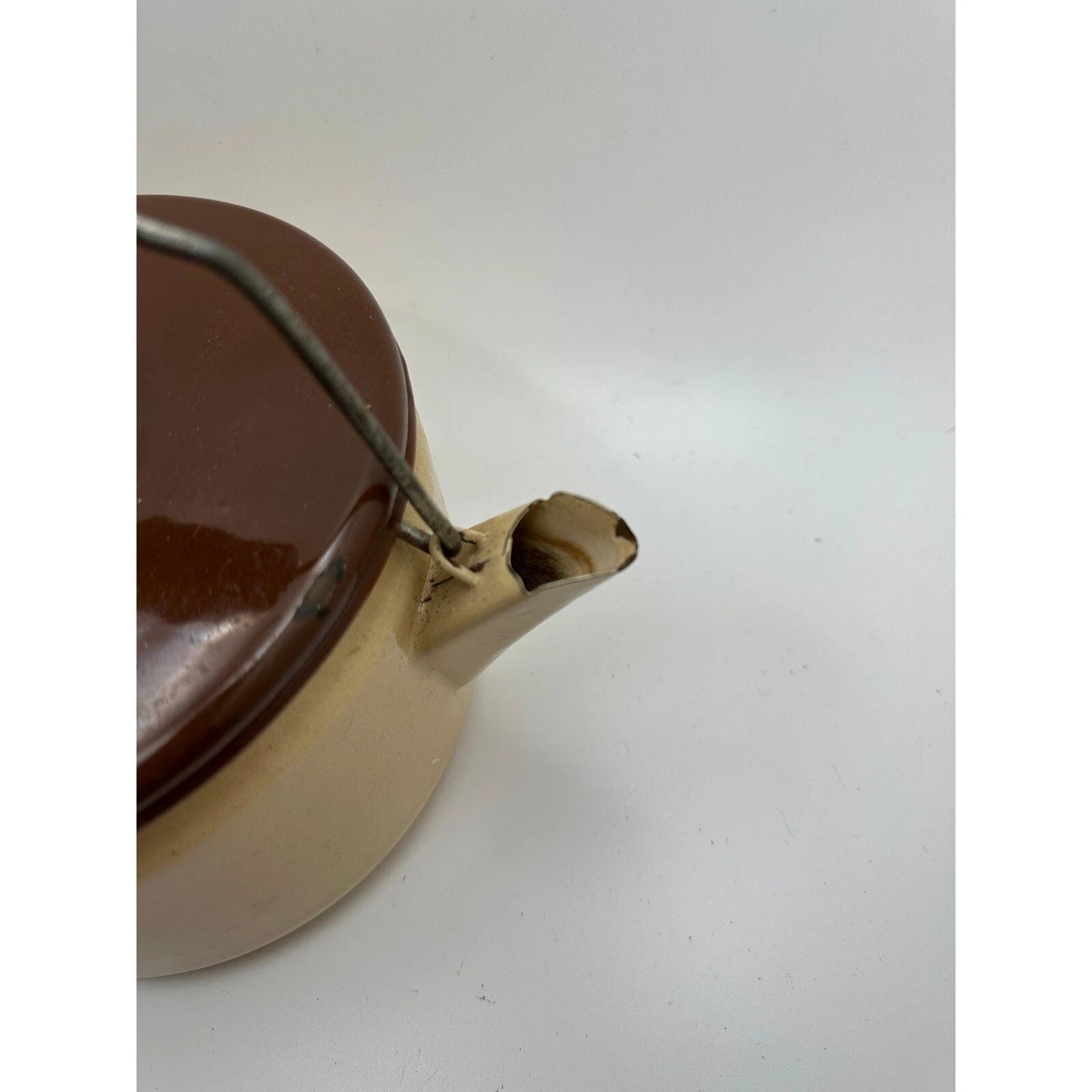 Vintage Tan and Brown Lid Enamelware Teapot