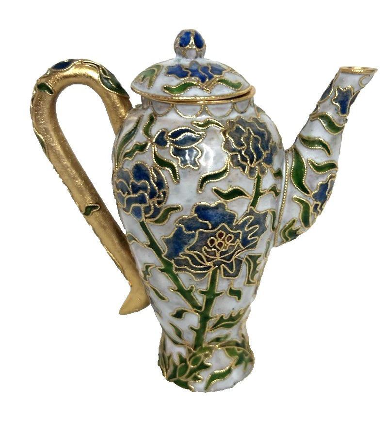 Vtg Cloisonne teapot w/lid blue tone floral design enamel inside 5"
