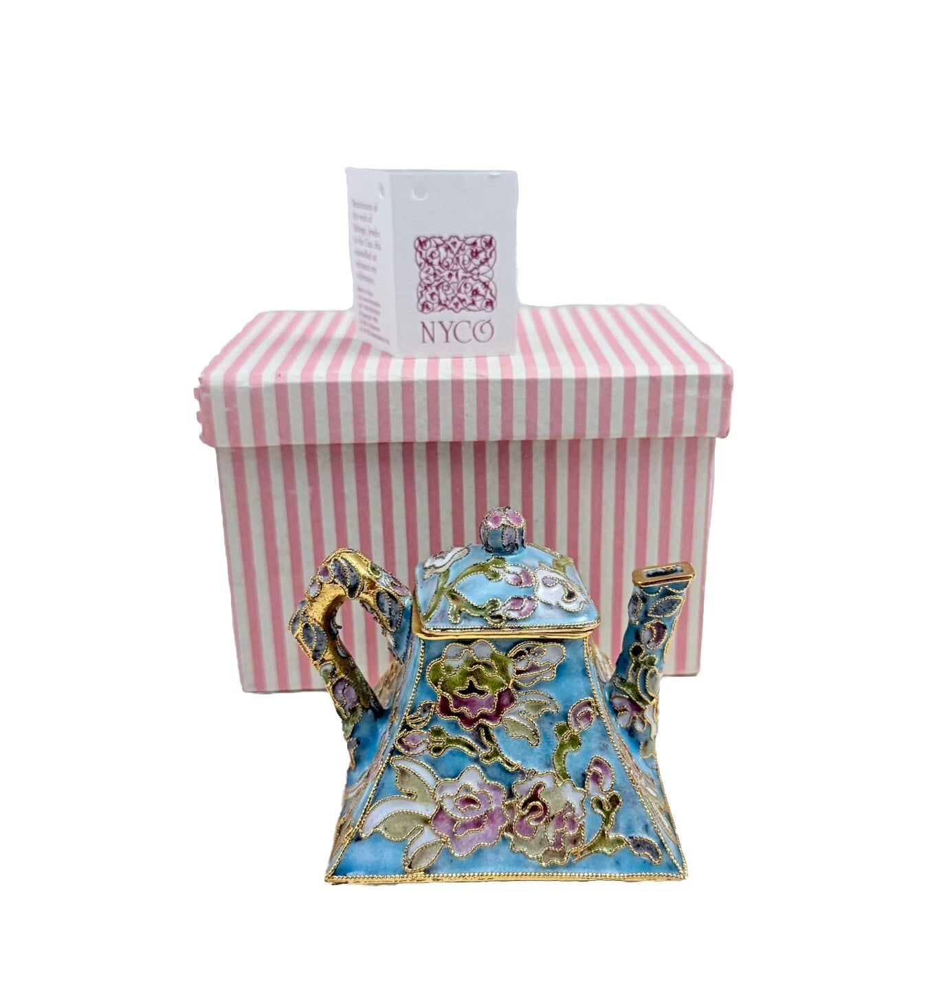 Vintage Teapot Enamel Cloisonne Mini Blue/Pink/Gold Nyco 4" Tall New W/ Box