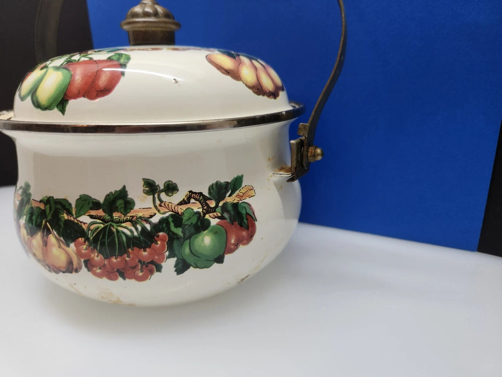 Tabletops Unlimited Vitroceramic Tea Pot With Lid Enamel Fruit Pattern