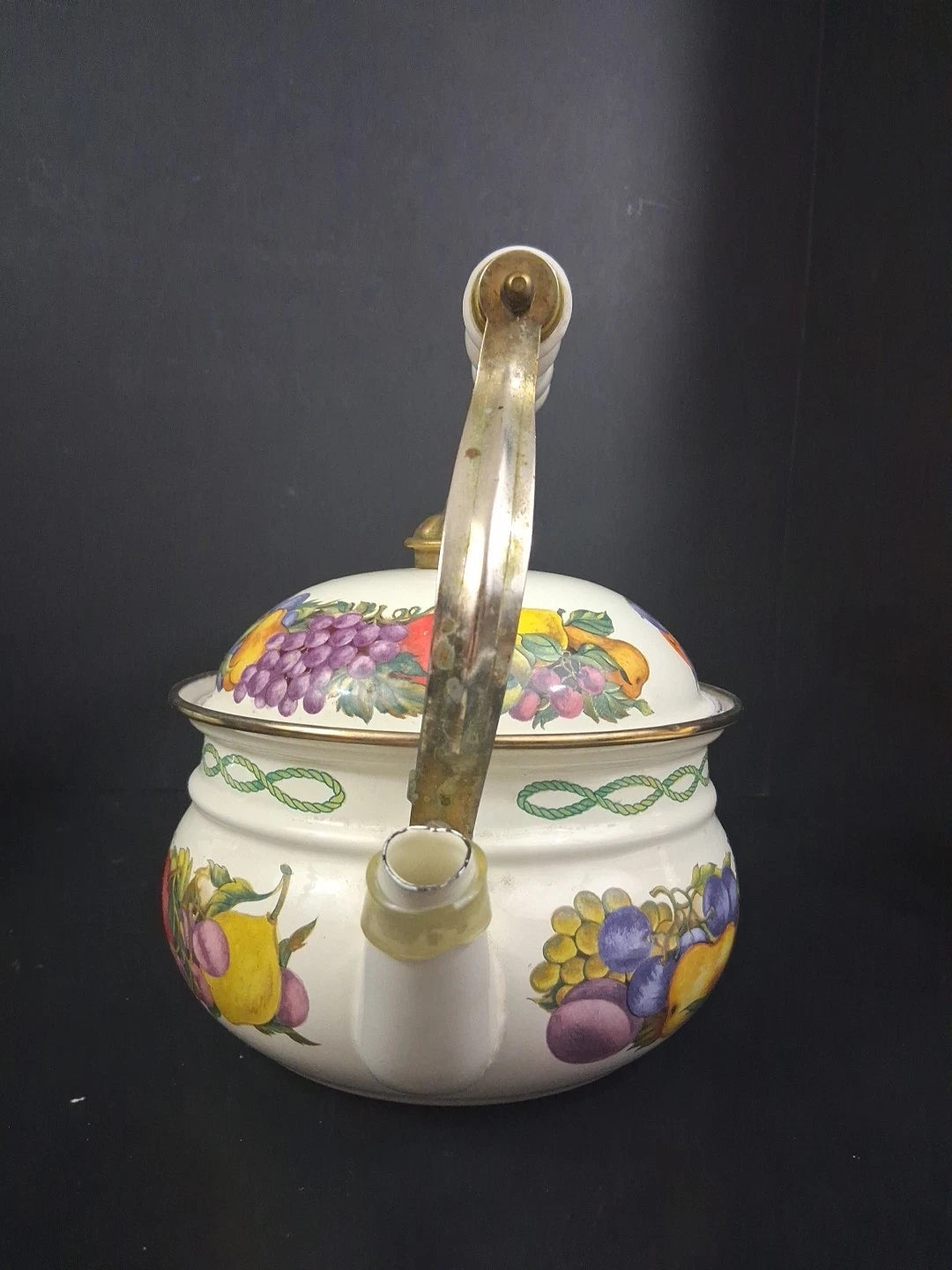 Vtg Lot Enamel Cookware Pots Tabletops Unlimited Cornucopia Teapot Brass Handles