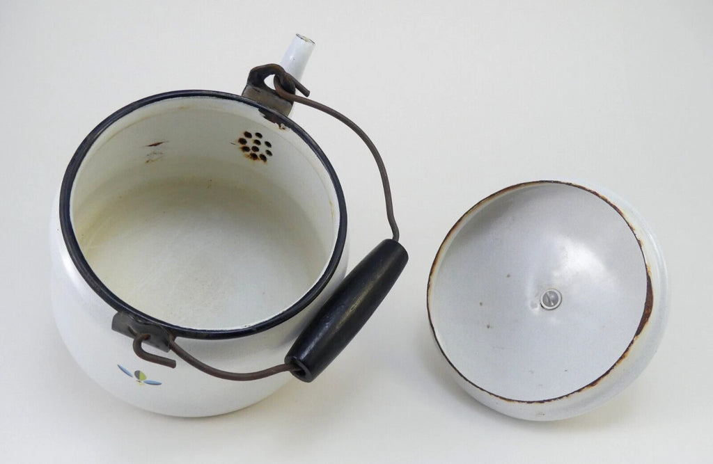 Vintage White Enamelware Metal Teapot / Tea Kettle with Retro Fruit Bowl Design