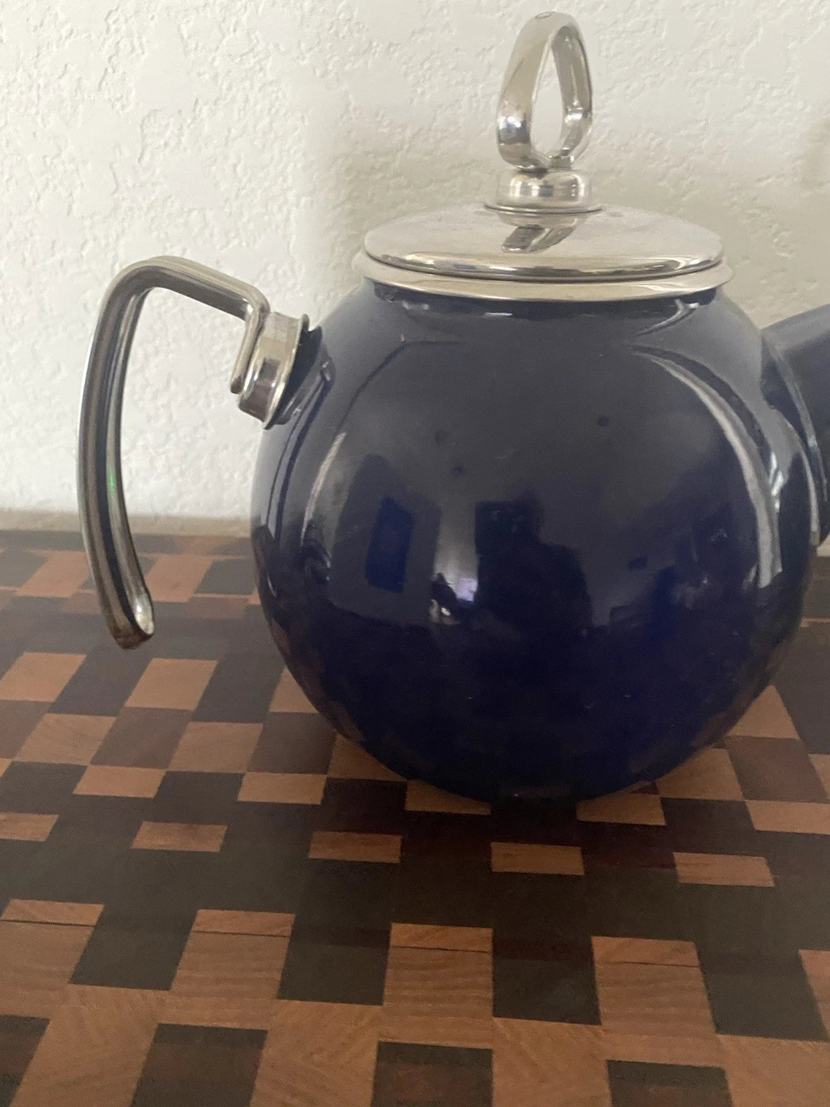 Vintage Chantal Dark Blue Tea Kettle Enamel On Steel With Stainless Accents 2QT
