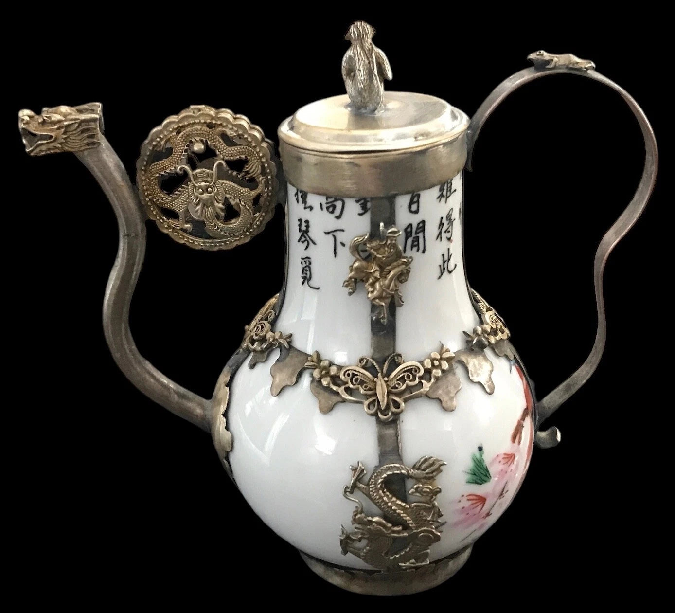 VTG Signed Miniature Chinese Porcelain~Cloisonné Enamel Tea Pot~Mix Metal~Dragon