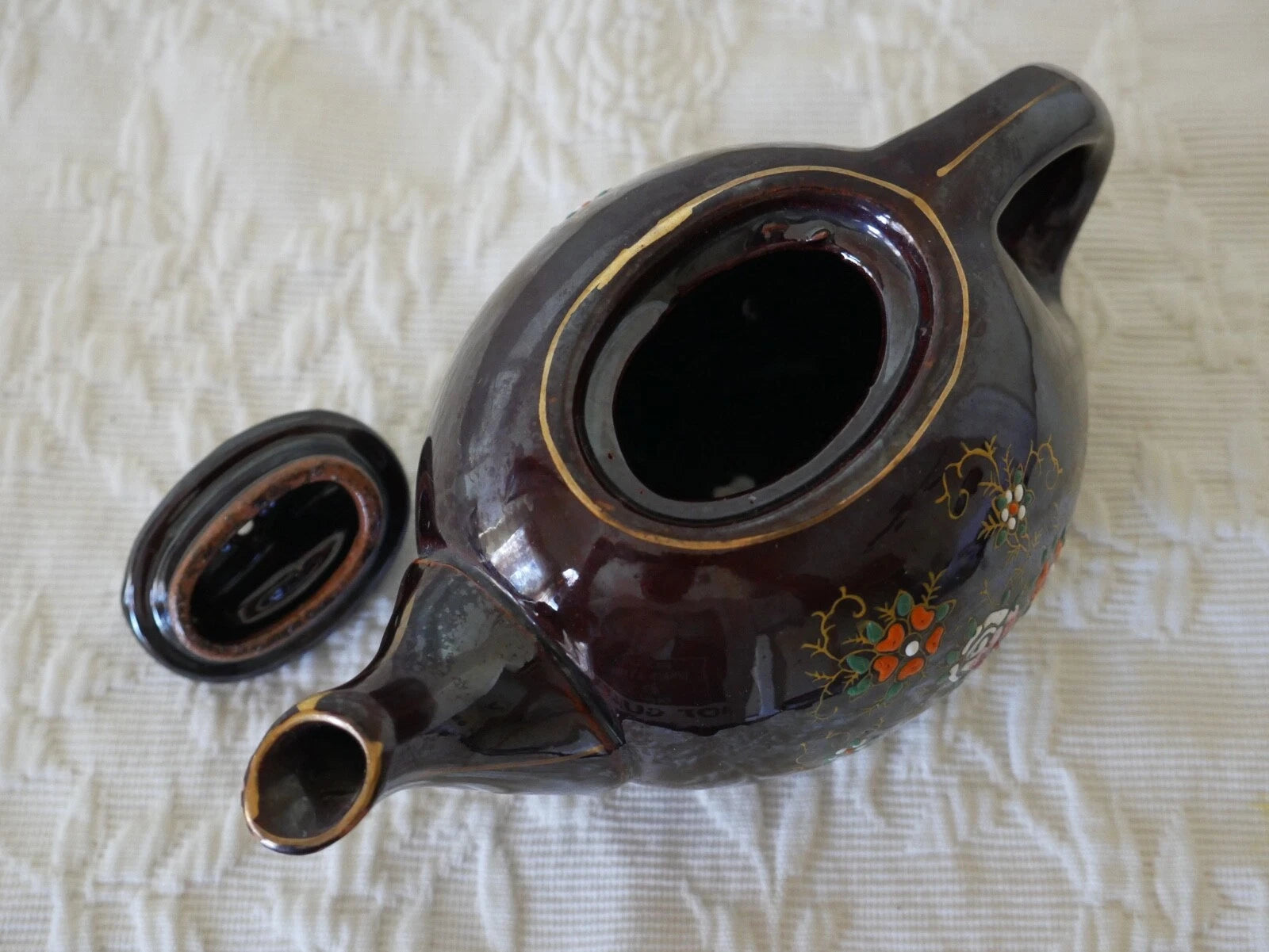 Small Long Redware Teapot Gold Trim Hand Painted Enamel Flowers Vintage Japan