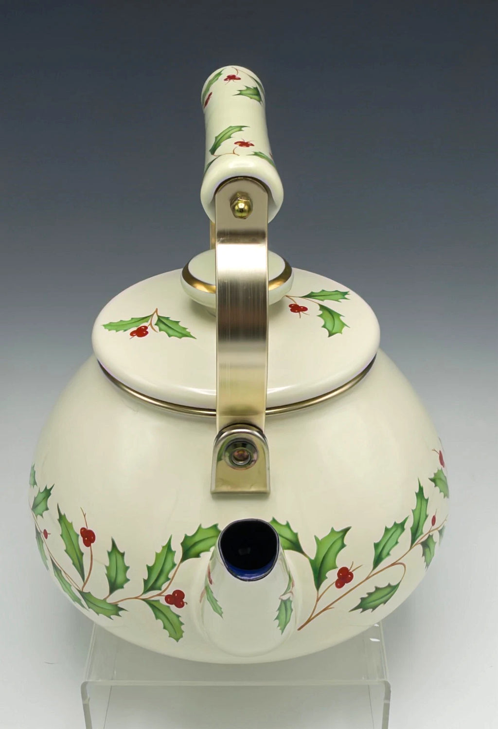 Lenox Holiday Tea Kettle Holly Berry Metal Enamel Gold Trim Teapot with Lid