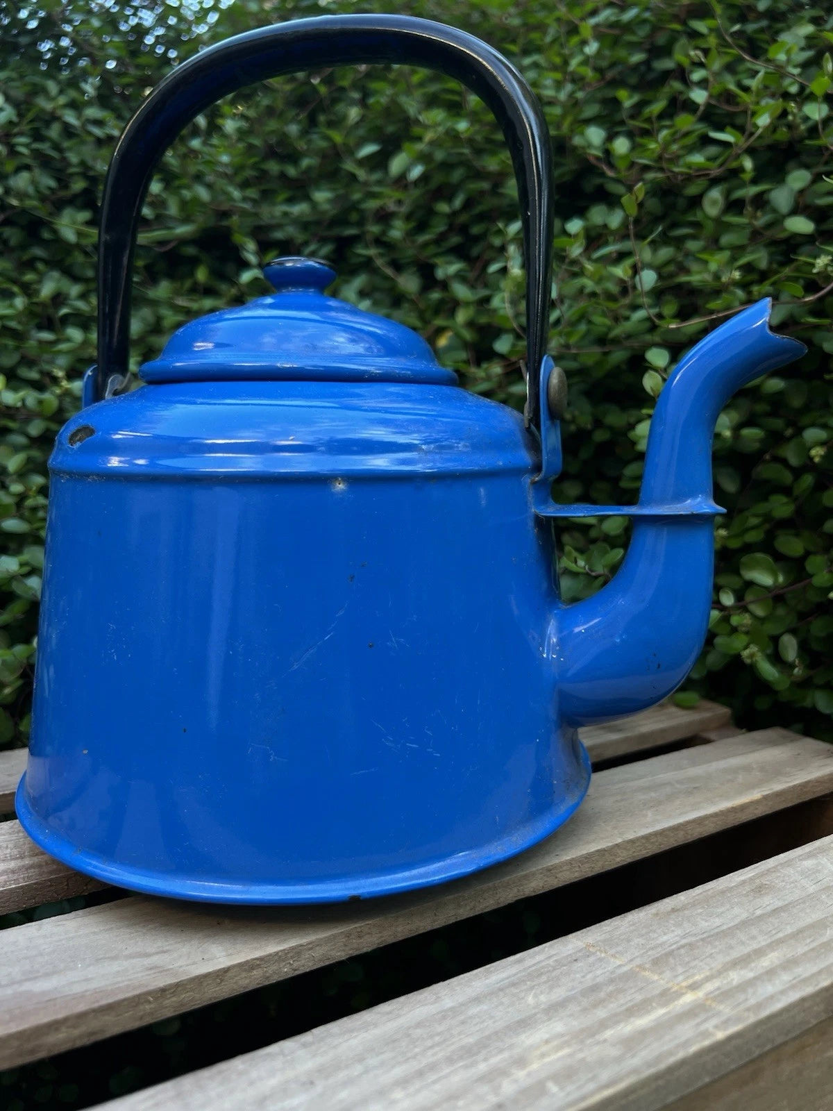 VTG Blue Enamelware Teapot Kettle Farmhouse Rustic Kitchen Decor Primitive