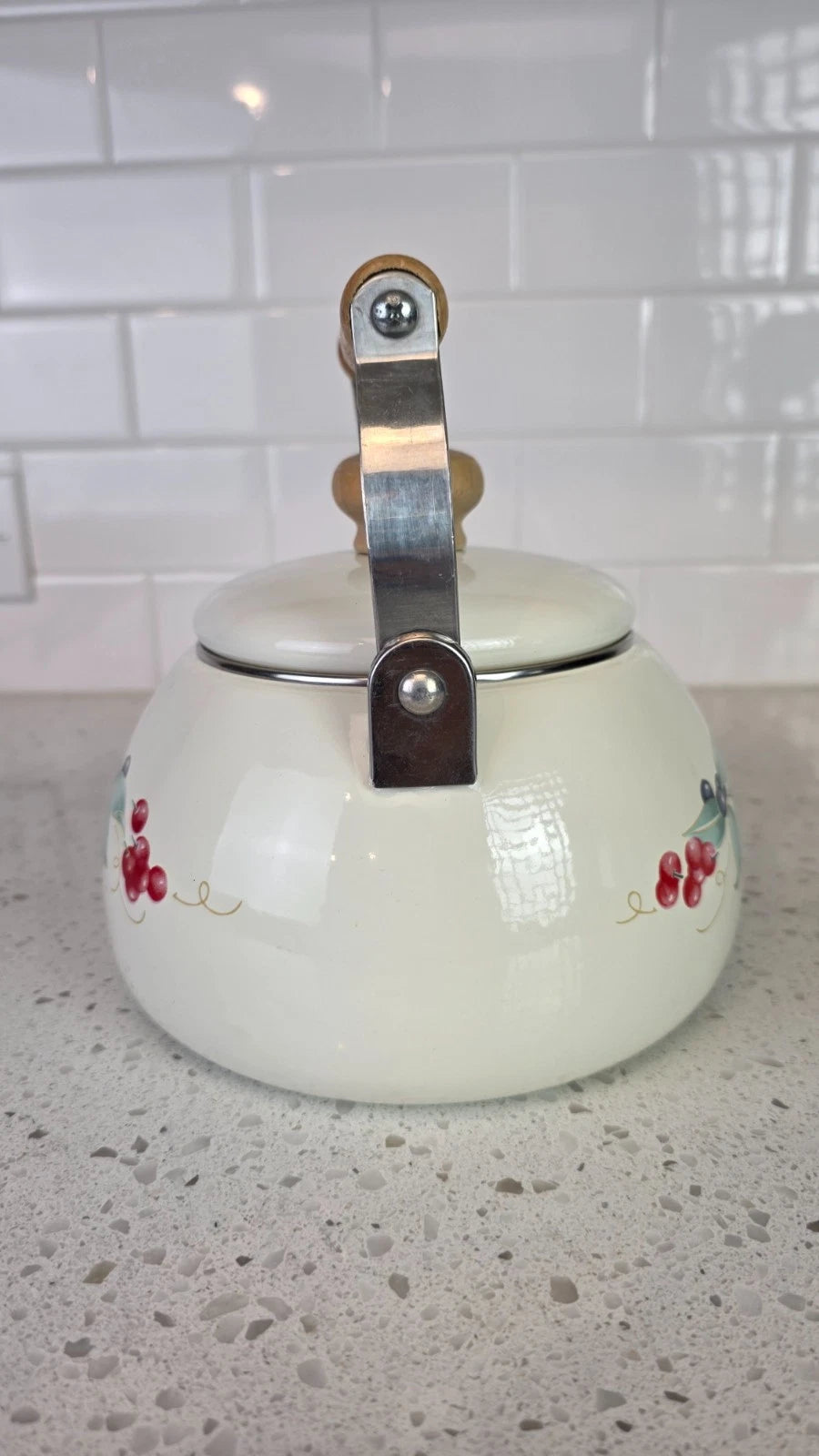 Vintage Lincoware Enamel Teapot Cream Fruit Motif Wood Handle Kettle