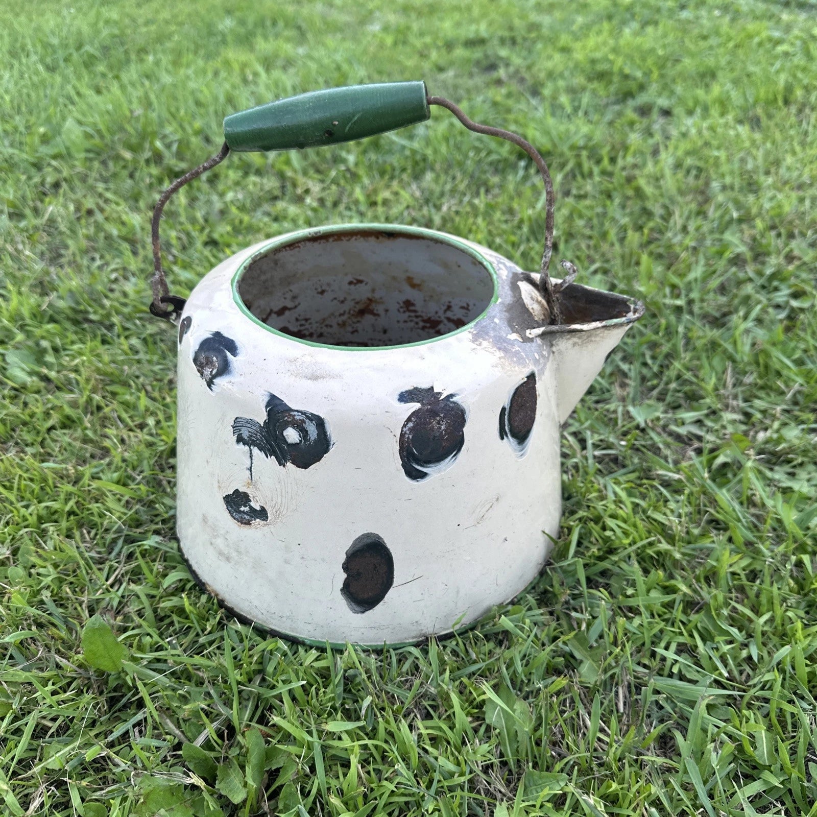 Vintage Enamelware Tea Pot with Wood Knob Handle cream and green.