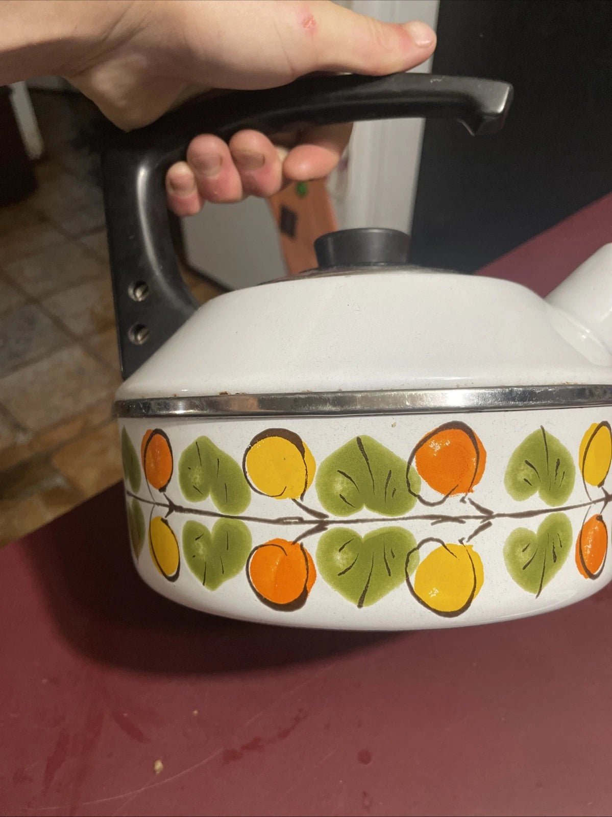 Vintage Enamel Tea Pot Kettle Whistles Lemon Orange Leaves Austria Email MCM
