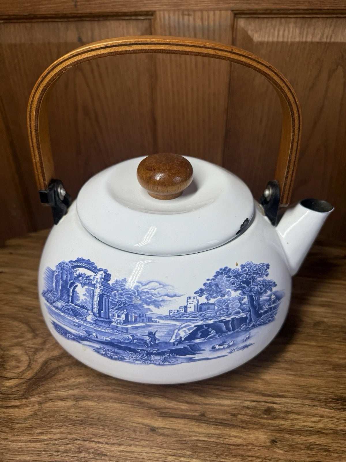 Staffordshire Tea Pot Kettle Enamelware Blue And White Castle Cows Wood Handle