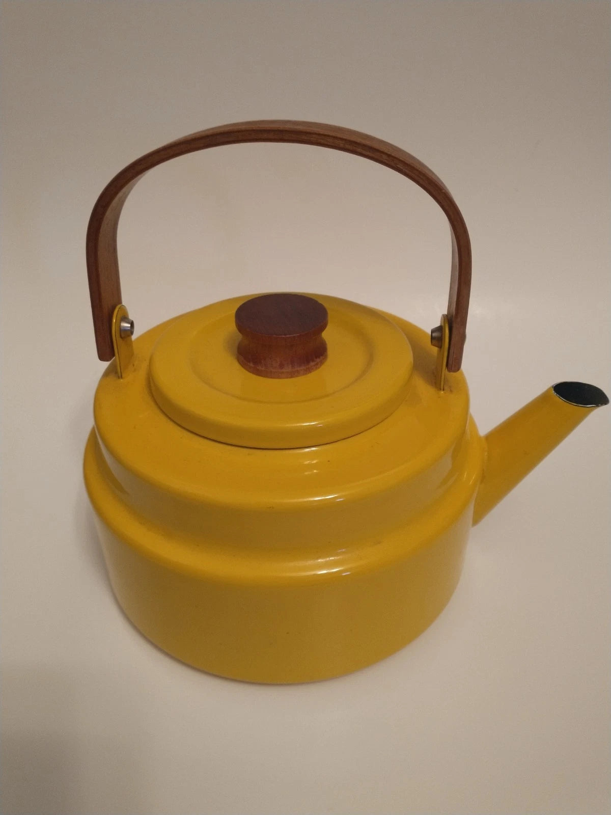Vintage Cousances (Le Creuset) MCM Yellow Enamel Tea Kettle Teak Handle
