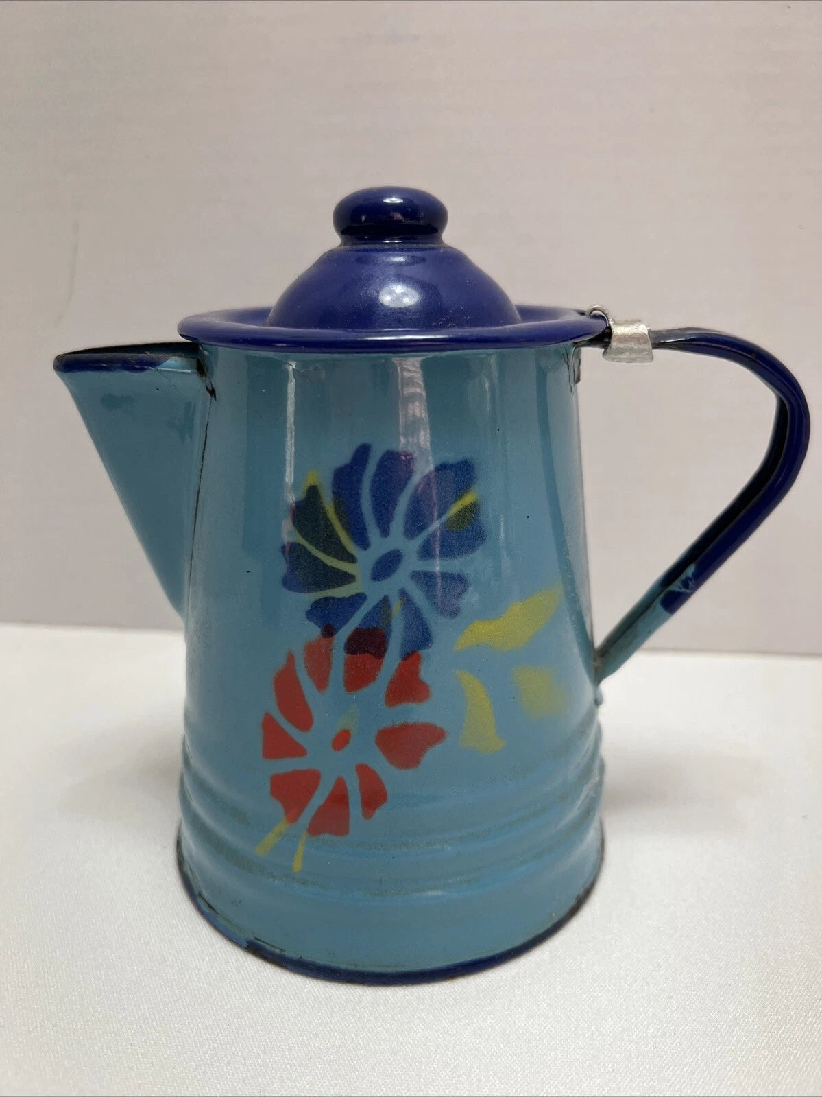 Vintage Enamel Toleware Metal Teapot w Lid Robin Egg Blue with Floral Design 6"