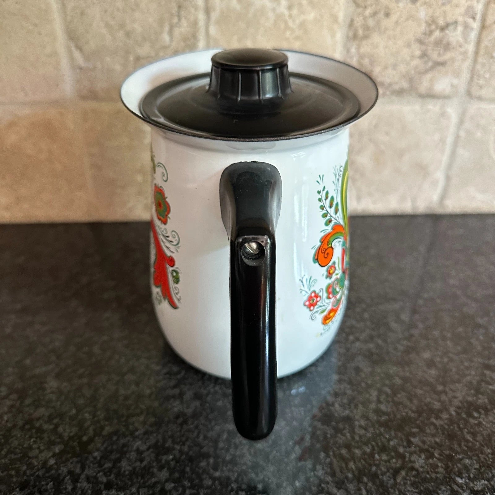 Vtg Berggren Swedish Floral Enamel Coffee Tea Pot Folk Art Design Enamelware
