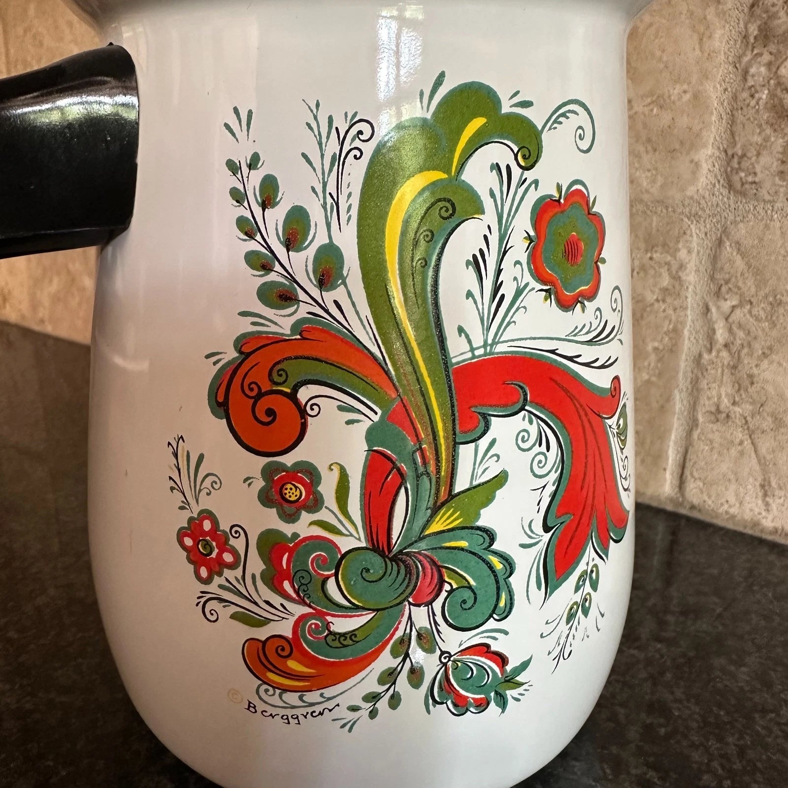 Vtg Berggren Swedish Floral Enamel Coffee Tea Pot Folk Art Design Enamelware