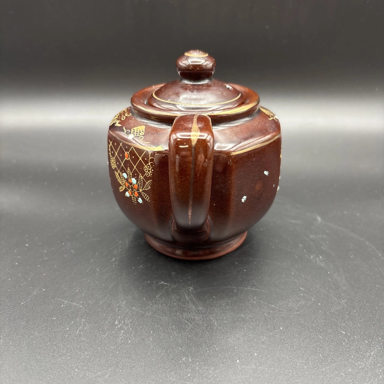 Vintage Redware Teapot Moriage Enamel Hand Painted Japan Brown