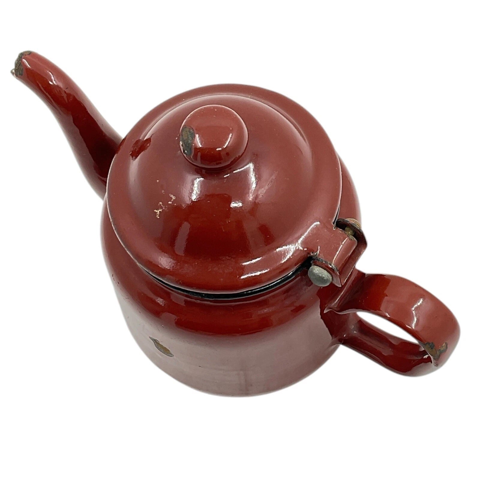 Brown Tea Pot With Hinged Lid Small Enamelware Vintage Farmhouse Decor
