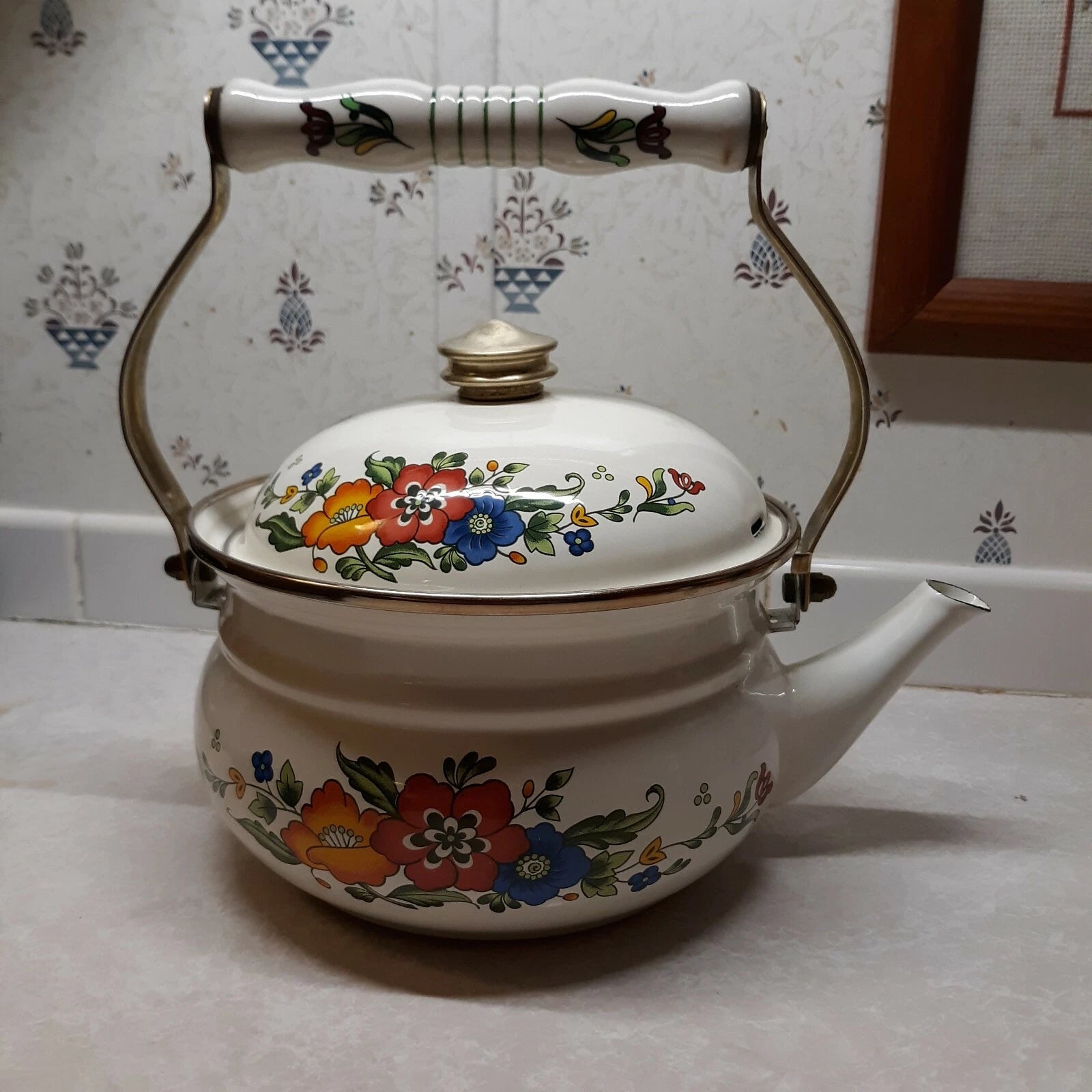 Vintage Enameled Floral Motif Tea Kettle Brass Knob Ceramic Handle Teapot