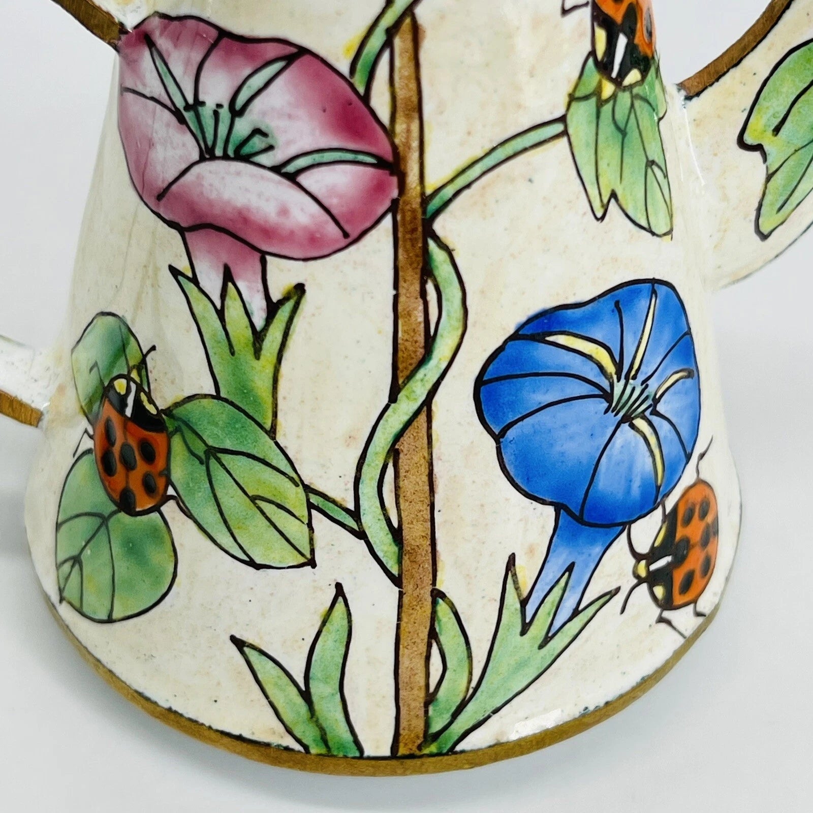 VINTAGE MINI HAND-PAINTED FLORAL LADYBUG METAL ENAMEL/BRASS TEAPOT/WATER CAN