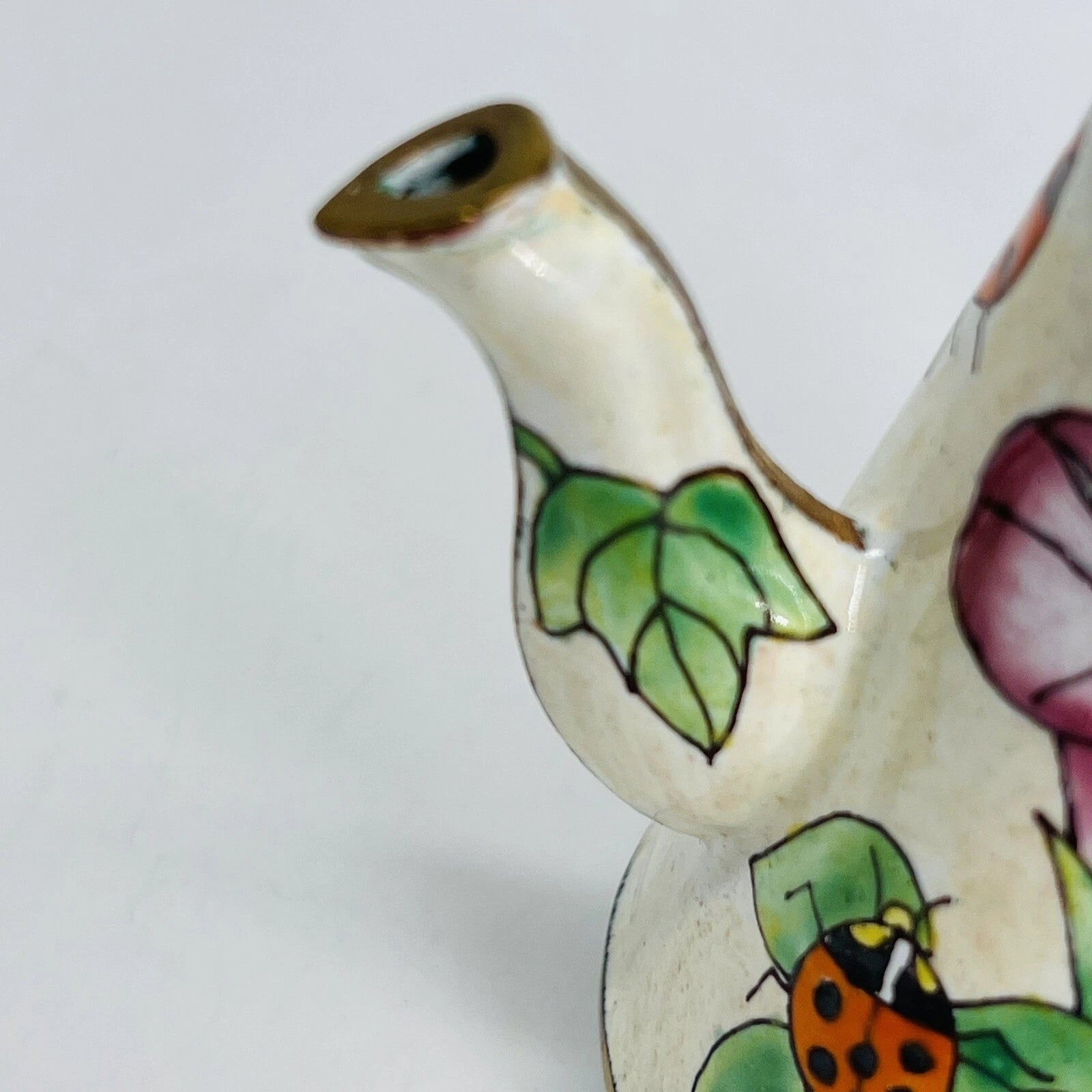 VINTAGE MINI HAND-PAINTED FLORAL LADYBUG METAL ENAMEL/BRASS TEAPOT/WATER CAN