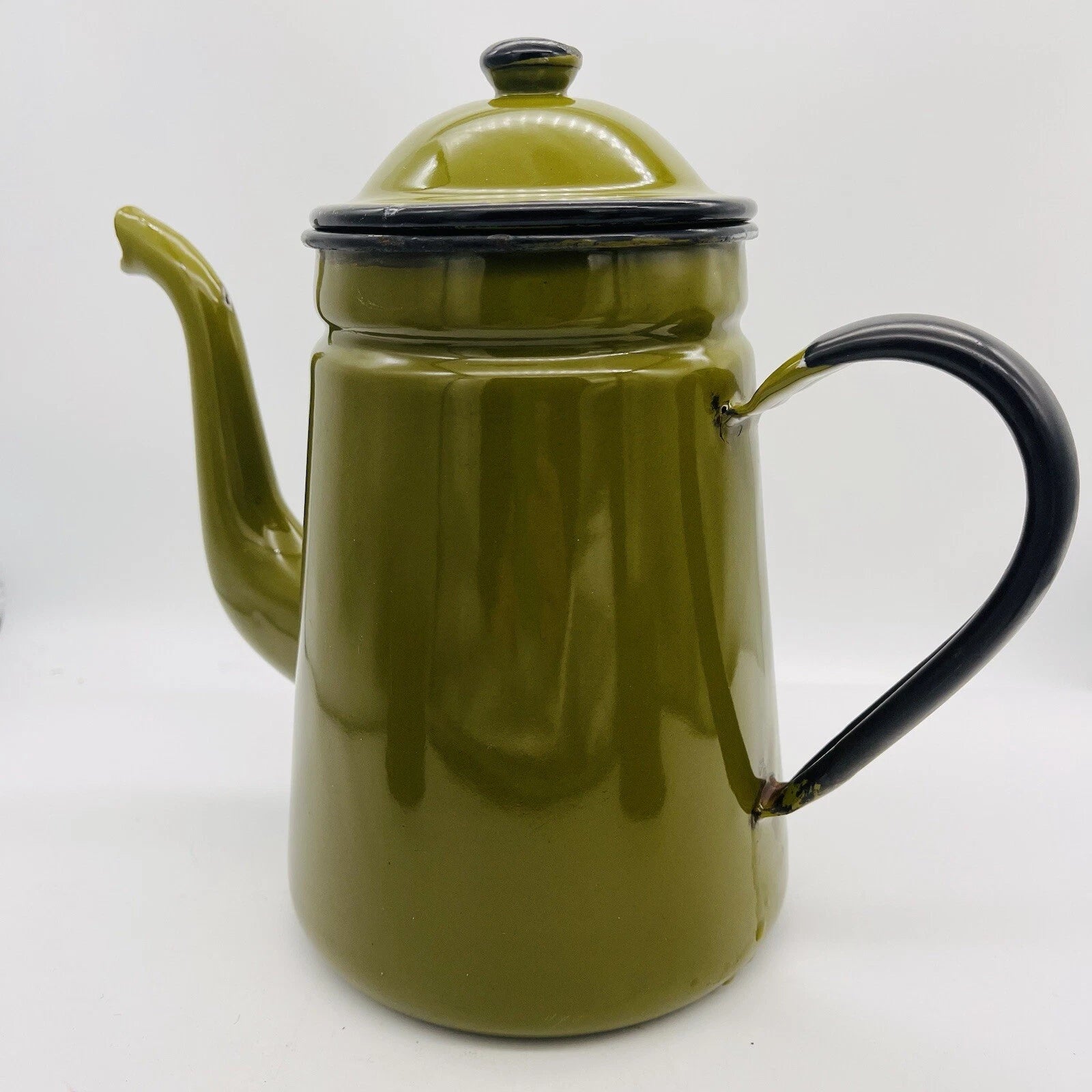 OTTO Japan Enamel Black Trim Tea Kettle Coffee Pot Decanter Green w/Lid & 2 Mugs