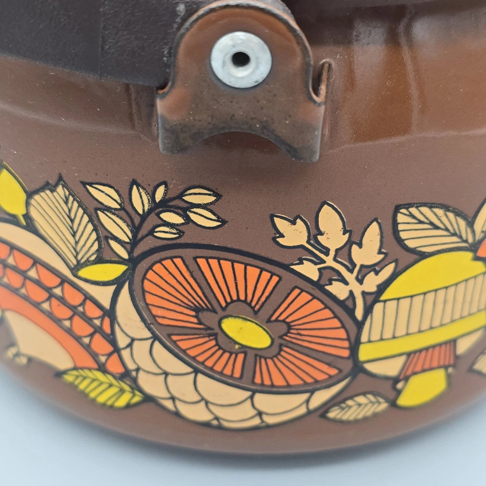 Vintage 70's Mushroom & Fruit Enamelware Brown Tea Kettle With Lid & Handle