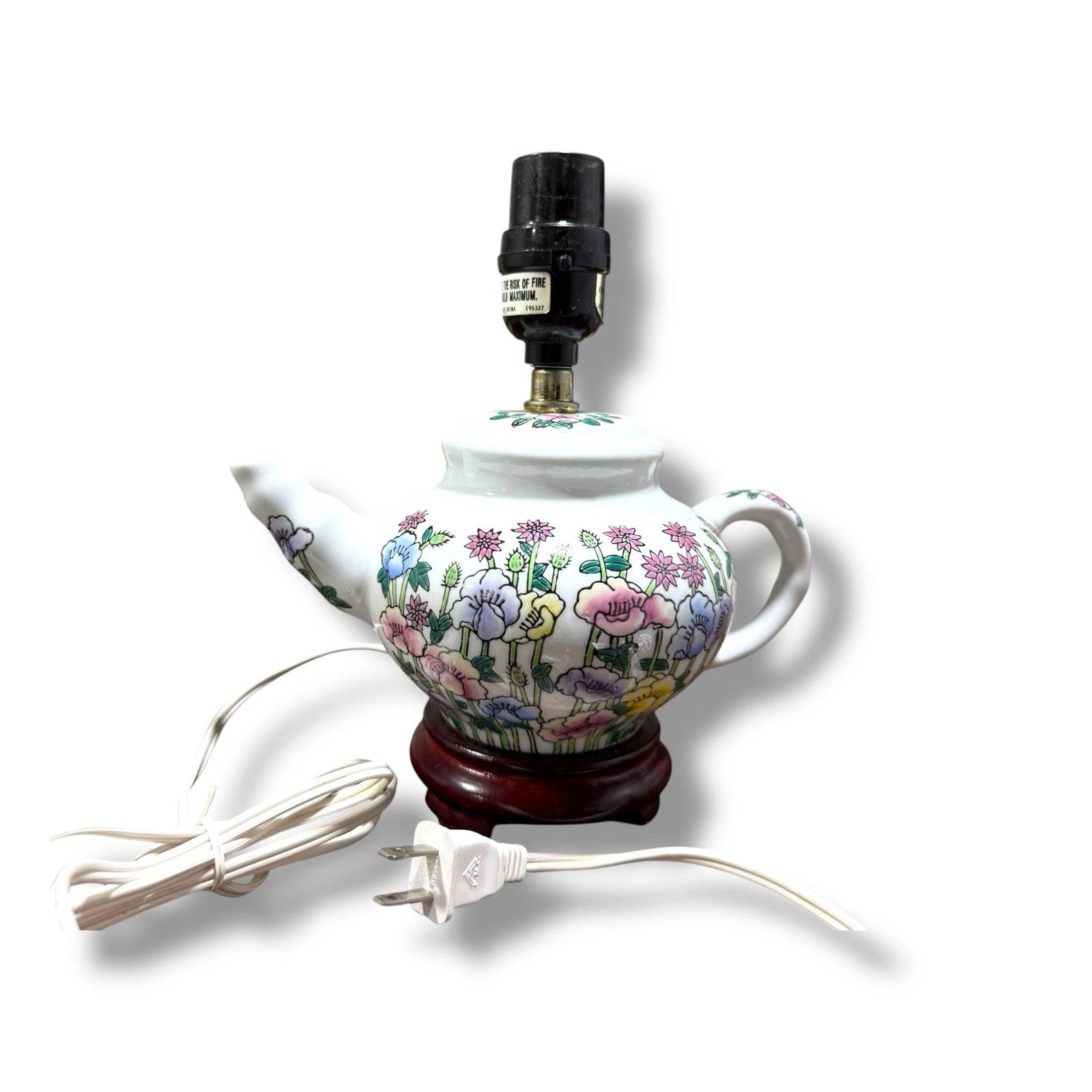 Teapot Table Lamp Floral Enamel Ceramic Wood Base Electric Vintage  8.25 X 8.75"