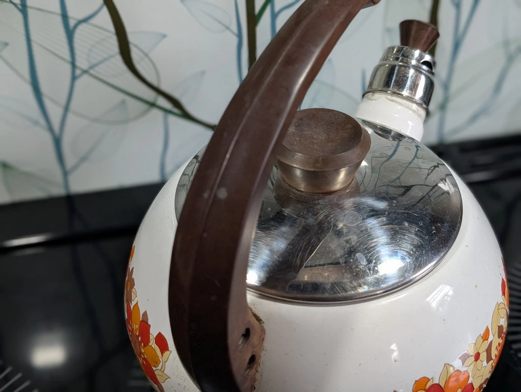 Vintage Bumper Harvest Enamelware Teapot Whistling Kettle Tea Pot Has Rust Spots