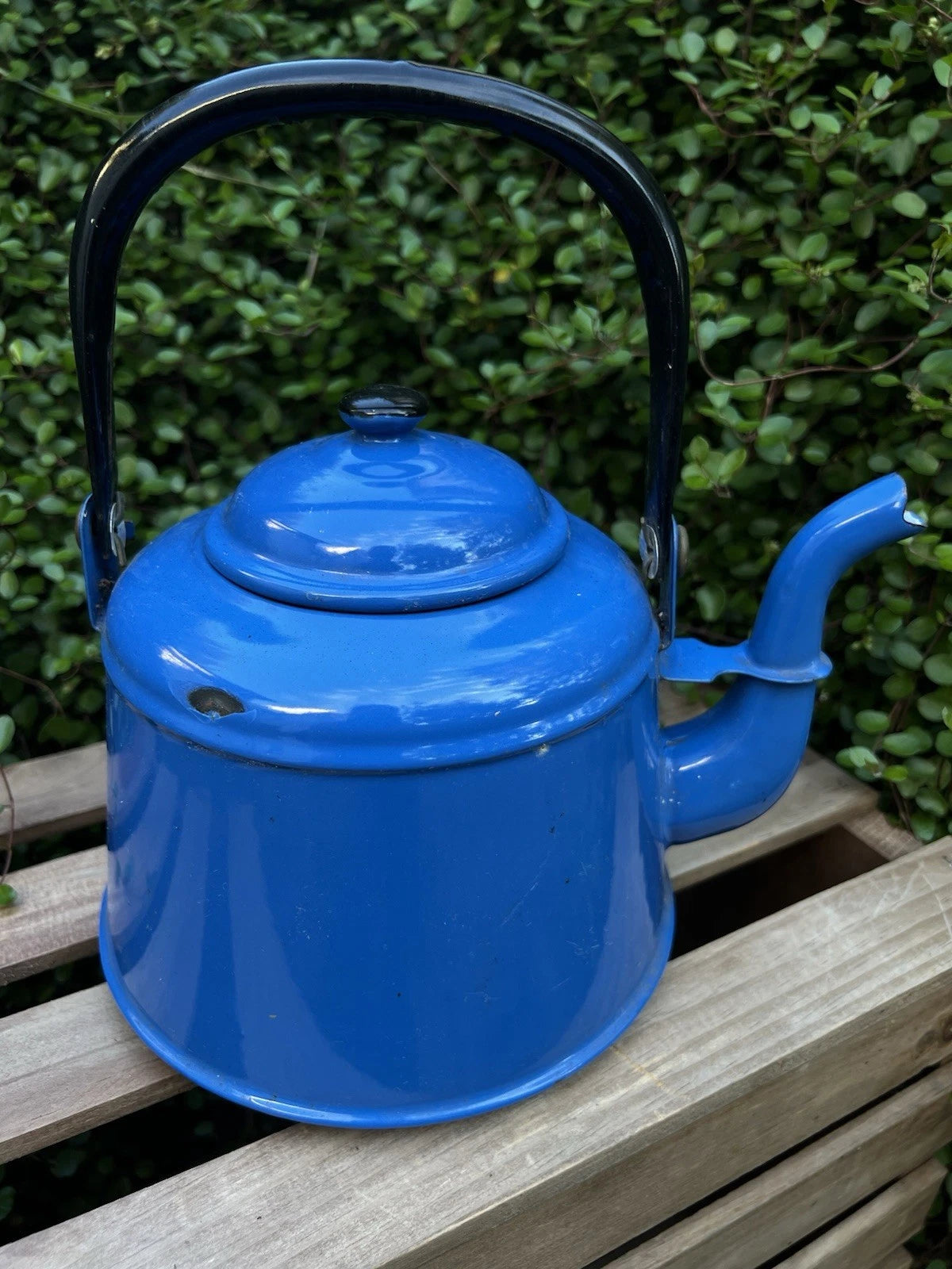 VTG Blue Enamelware Teapot Kettle Farmhouse Rustic Kitchen Decor Primitive