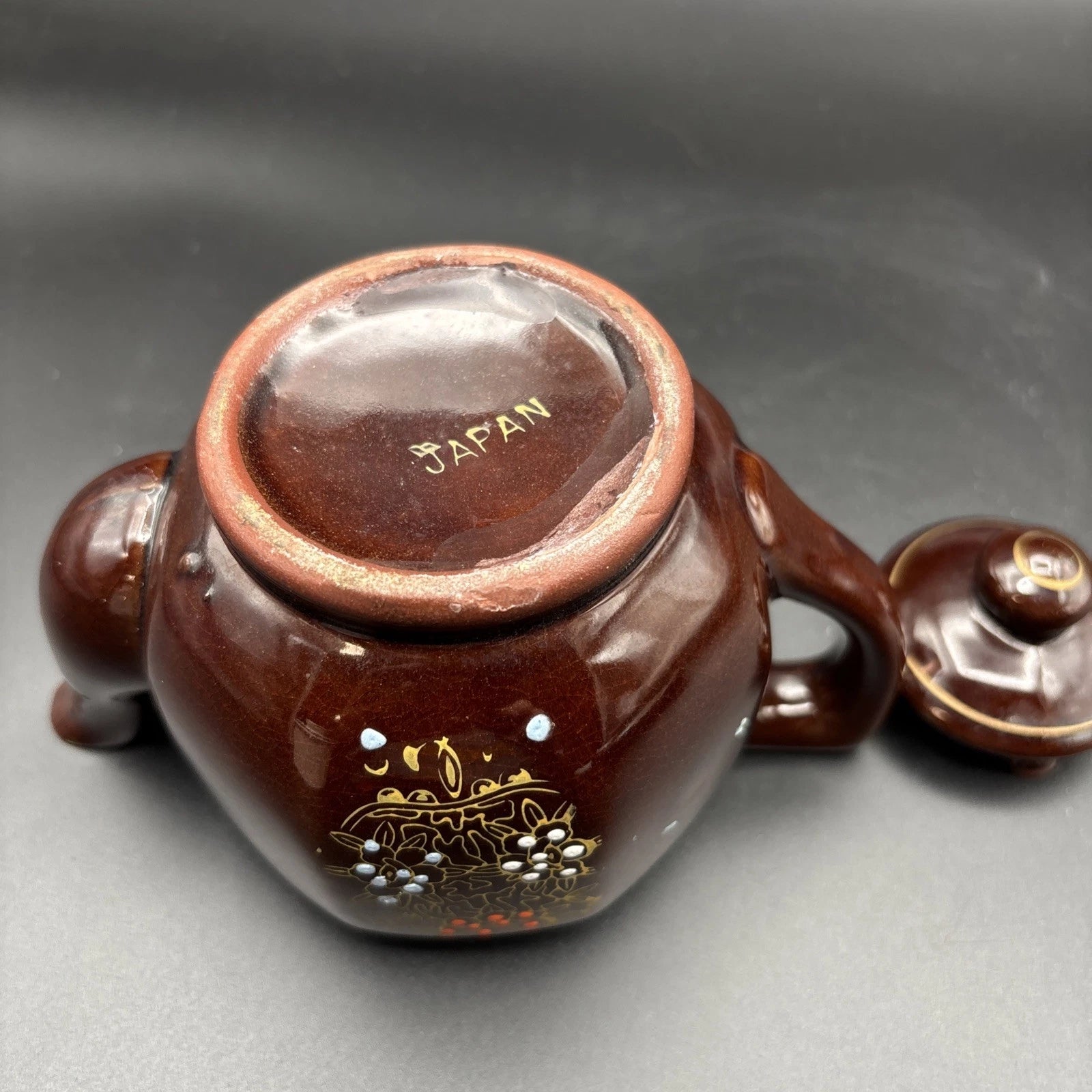 Vintage Redware Teapot Moriage Enamel Hand Painted Japan Brown