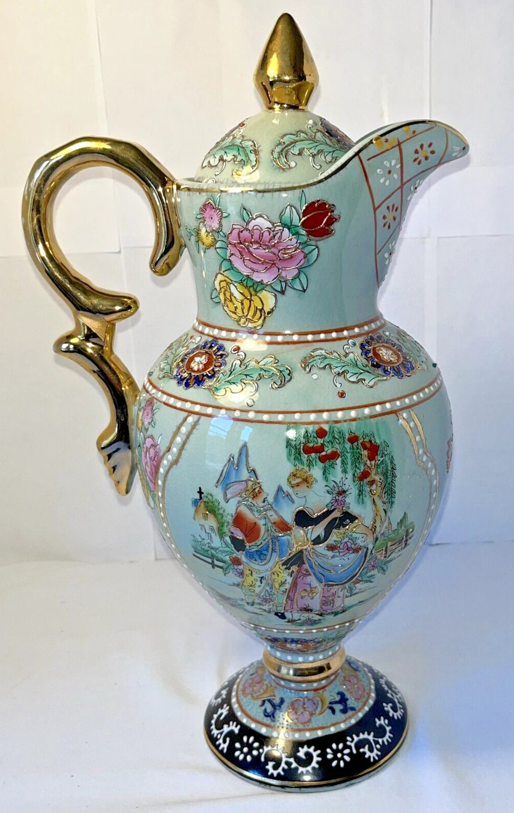 Tall Porcelain Carafe Chocolate Pot Pitcher & Lid Enamel Gold Accents Victorian