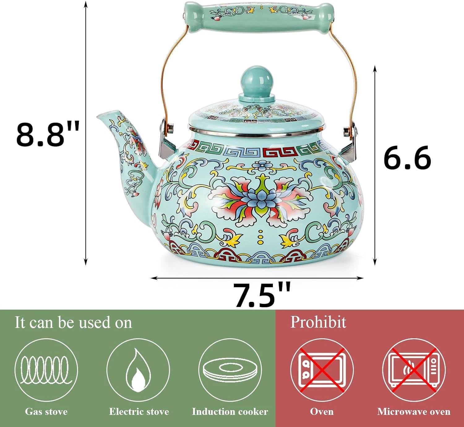2.6 Quart Floral Enamel Tea Kettle, Vintage Enameled Teapot Stovetop, Enamel on