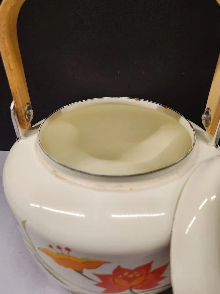 Vintage Saltera Himark Enamel RARE Teapot MCM  Red Orange Floral Wooden Handle