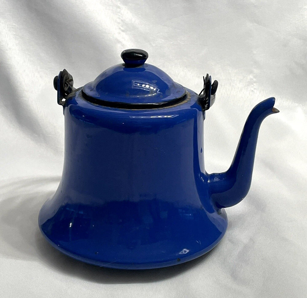 VINTAGE MID CENTURY BLUE ENAMEL TEA POT KETTLE COFFEE FARMHOUSE JAPAN