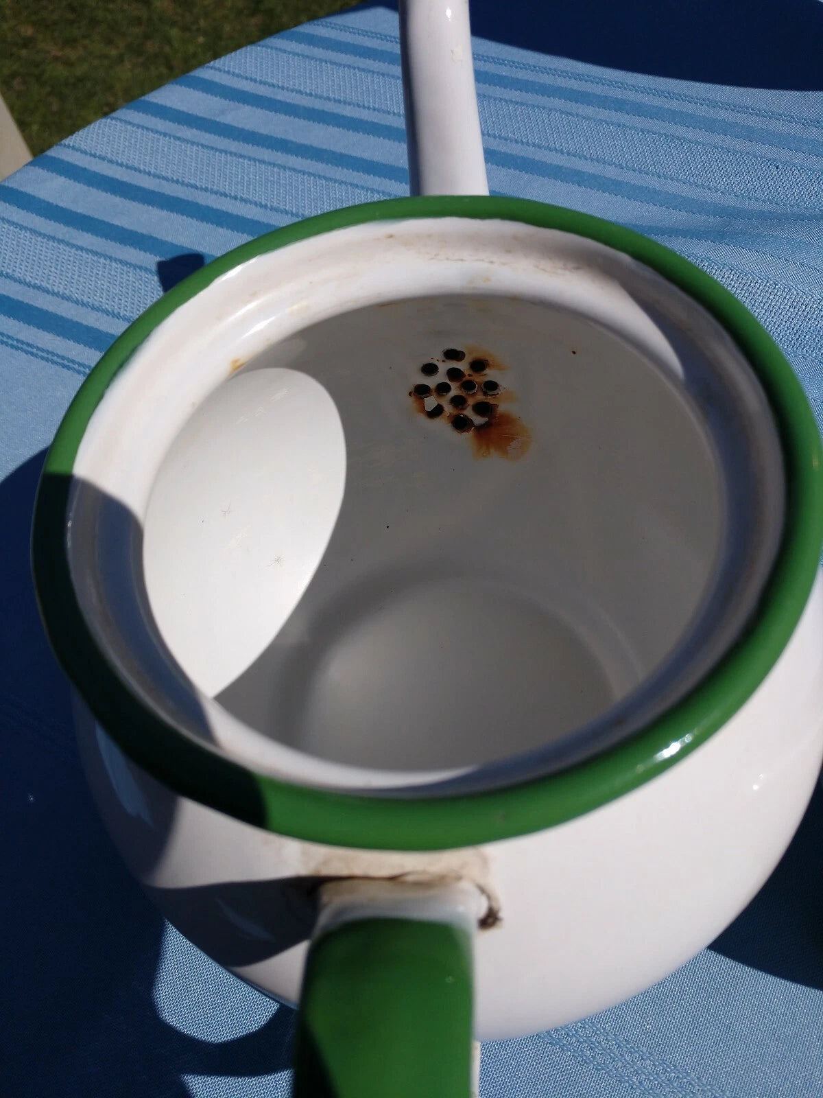 Retro Enamel Teapot With Green Trim