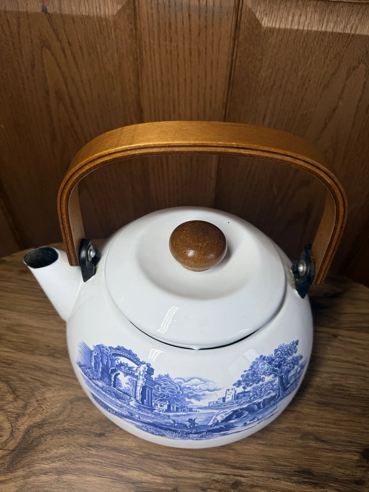 Staffordshire Tea Pot Kettle Enamelware Blue And White Castle Cows Wood Handle