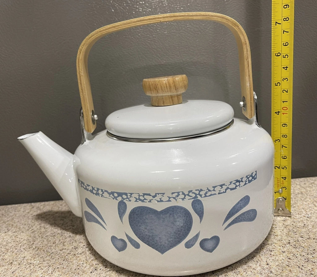 Vintage 80s Blue Hearts Enamel Kettle by Jay Made in Thailand Wood Handle EUC