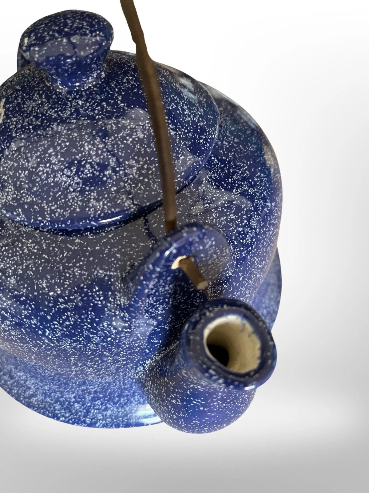 Vintage  Blue Spatterware Teapot Enamel Ceramic Metal Handle 5 1/2”x 6 1/4 Dia.