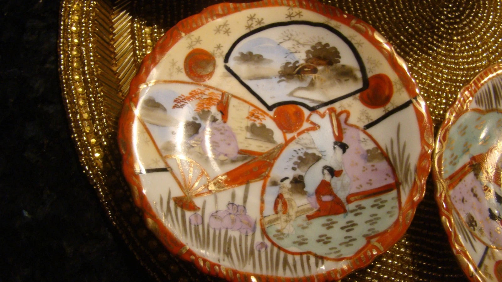 Nippon Japanese Porcelain Chocolate Pot Coffee Teapot Geisha Enamel Red Set of 4
