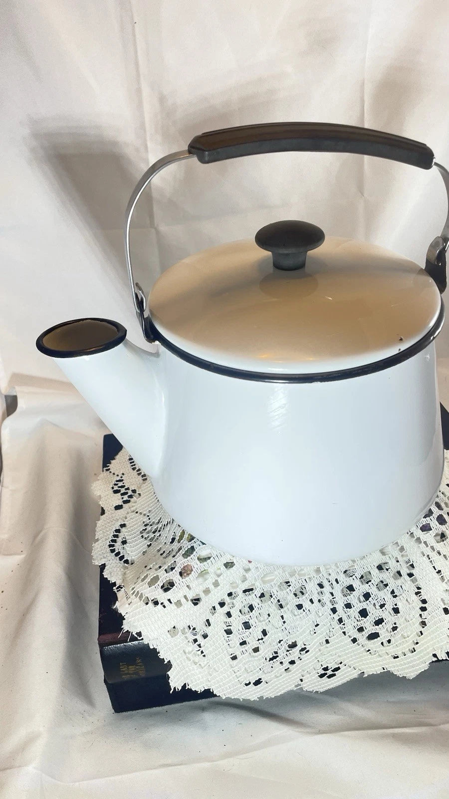 Vintage Black And White Enamelware Tea Kettle With Black Handle