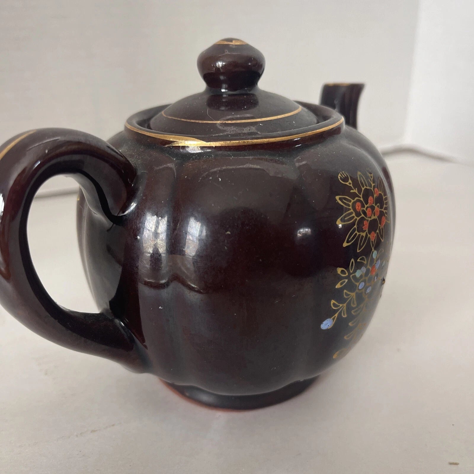 Brown Betty Redware Teapot Moriage Enamel Hand-Painted Mini Japan Vintage 4.5”