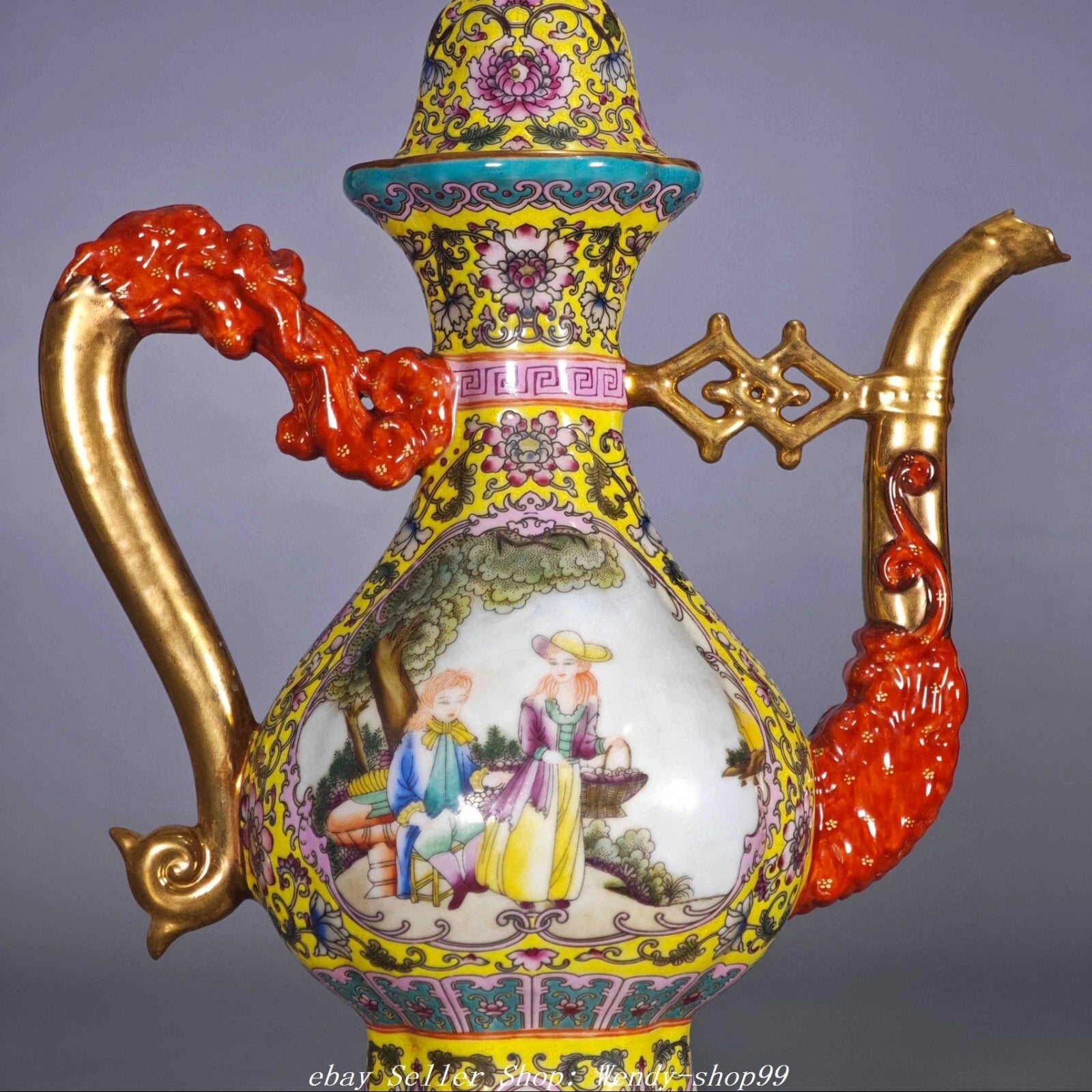 YongZheng Colour Enamel Porcelain Gilt Dragon Beast Belle Wine Tea Pot Flagon