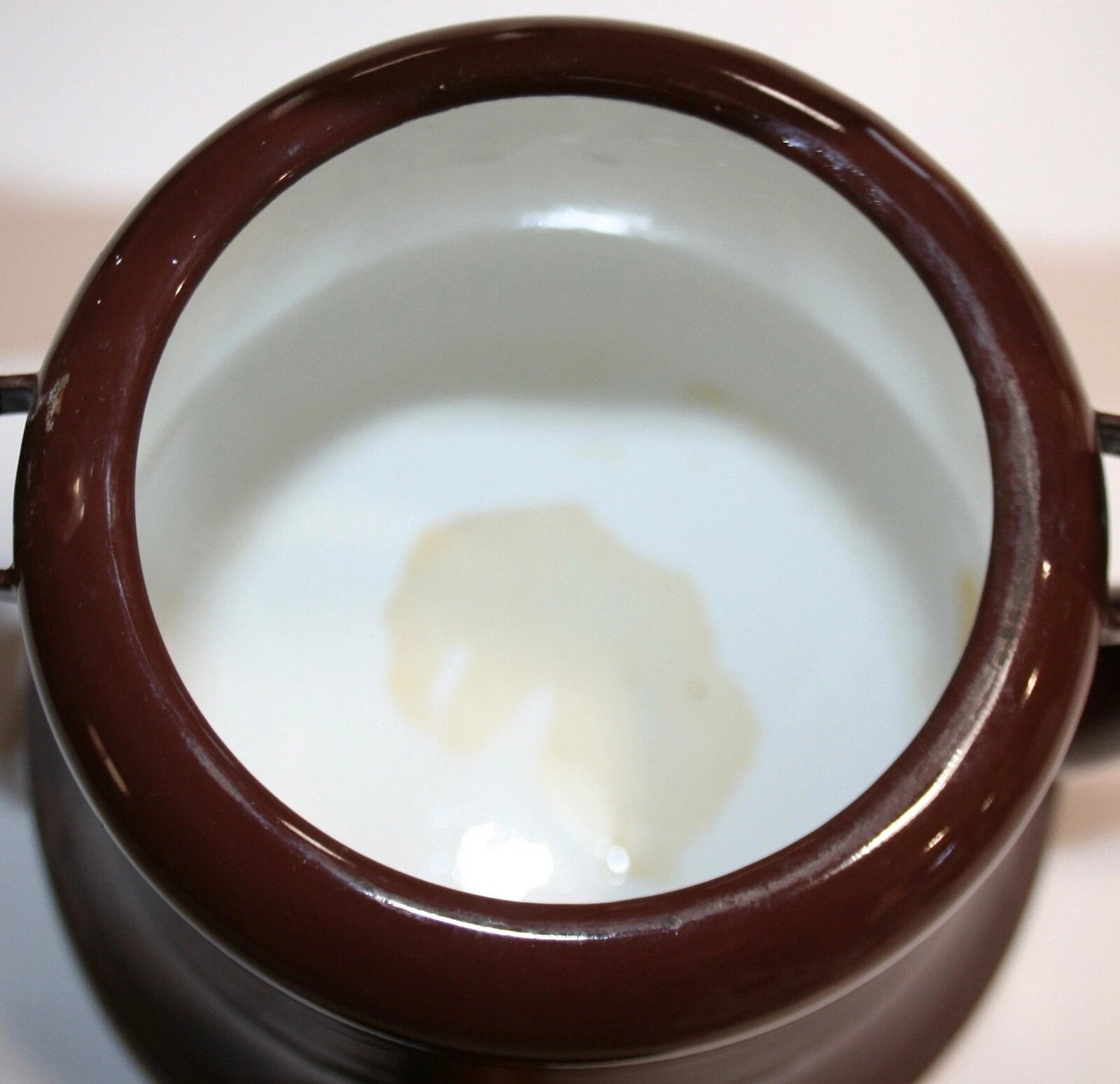 Vintage Enamel Metal Tea Pot with Wooden Handles Chocolate Brown