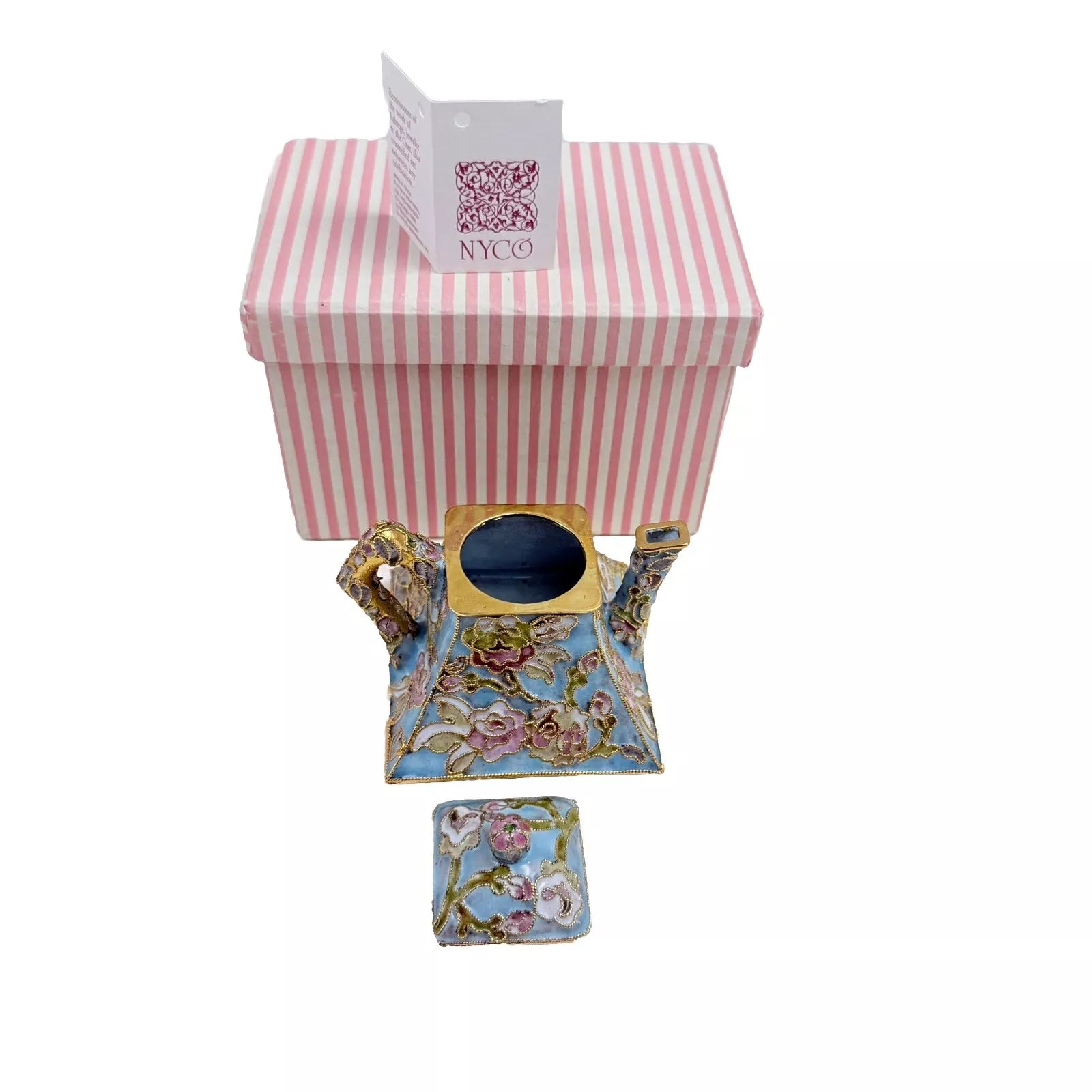 Vintage Teapot Enamel Cloisonne Mini Blue/Pink/Gold Nyco 4" Tall New W/ Box