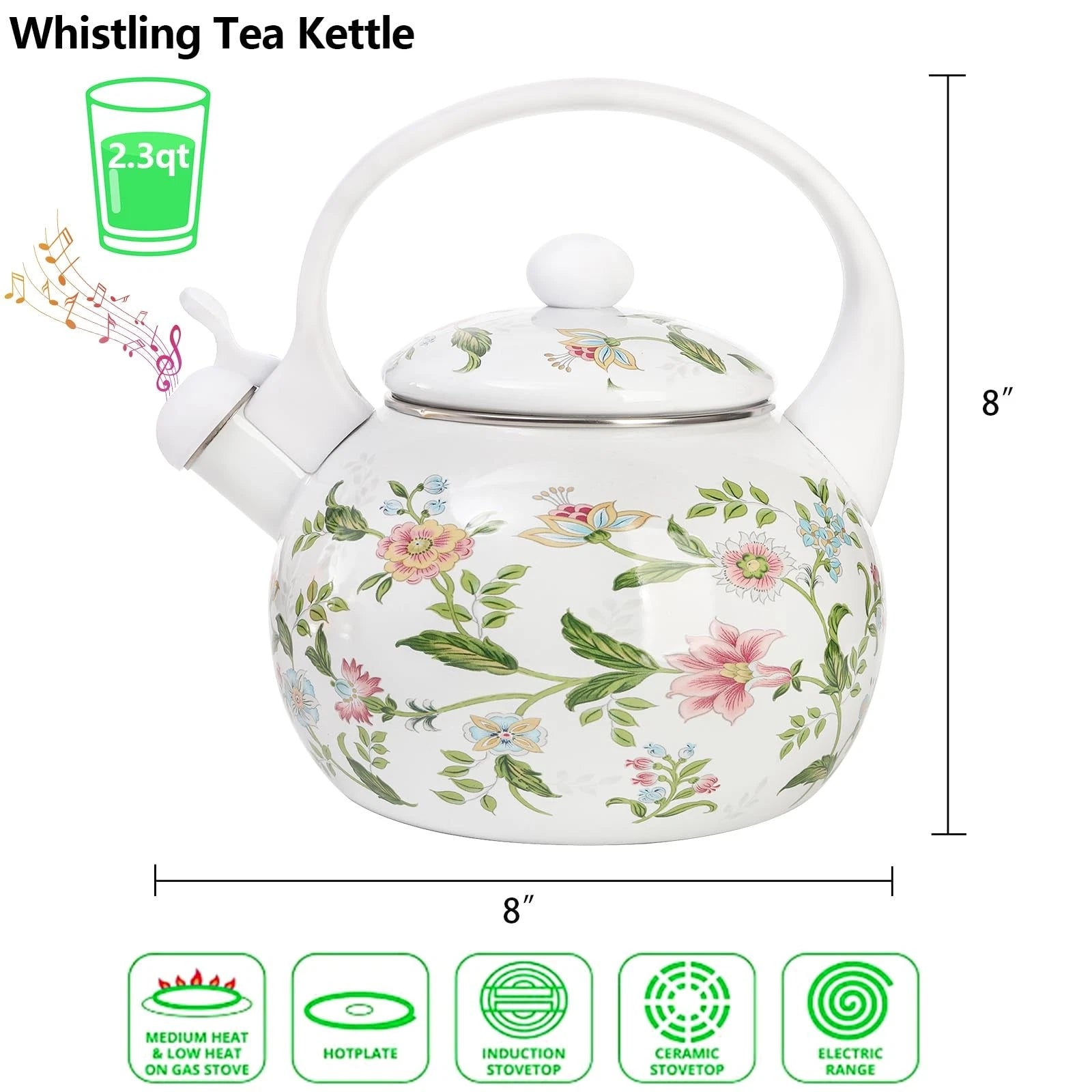 2.3 Quart Vintage Enamel Tea Kettle, Whistling Tea Kettle for Stove Top, Flor...