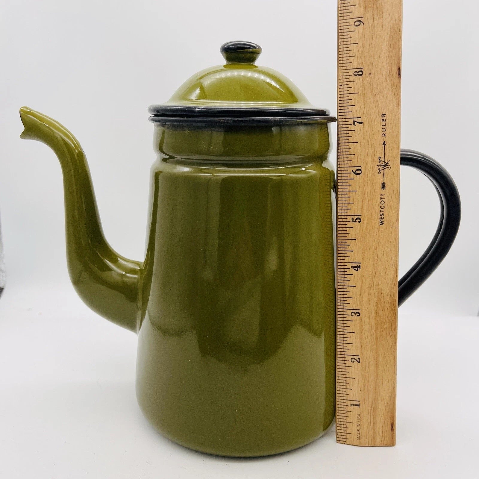 OTTO Japan Enamel Black Trim Tea Kettle Coffee Pot Decanter Green w/Lid & 2 Mugs