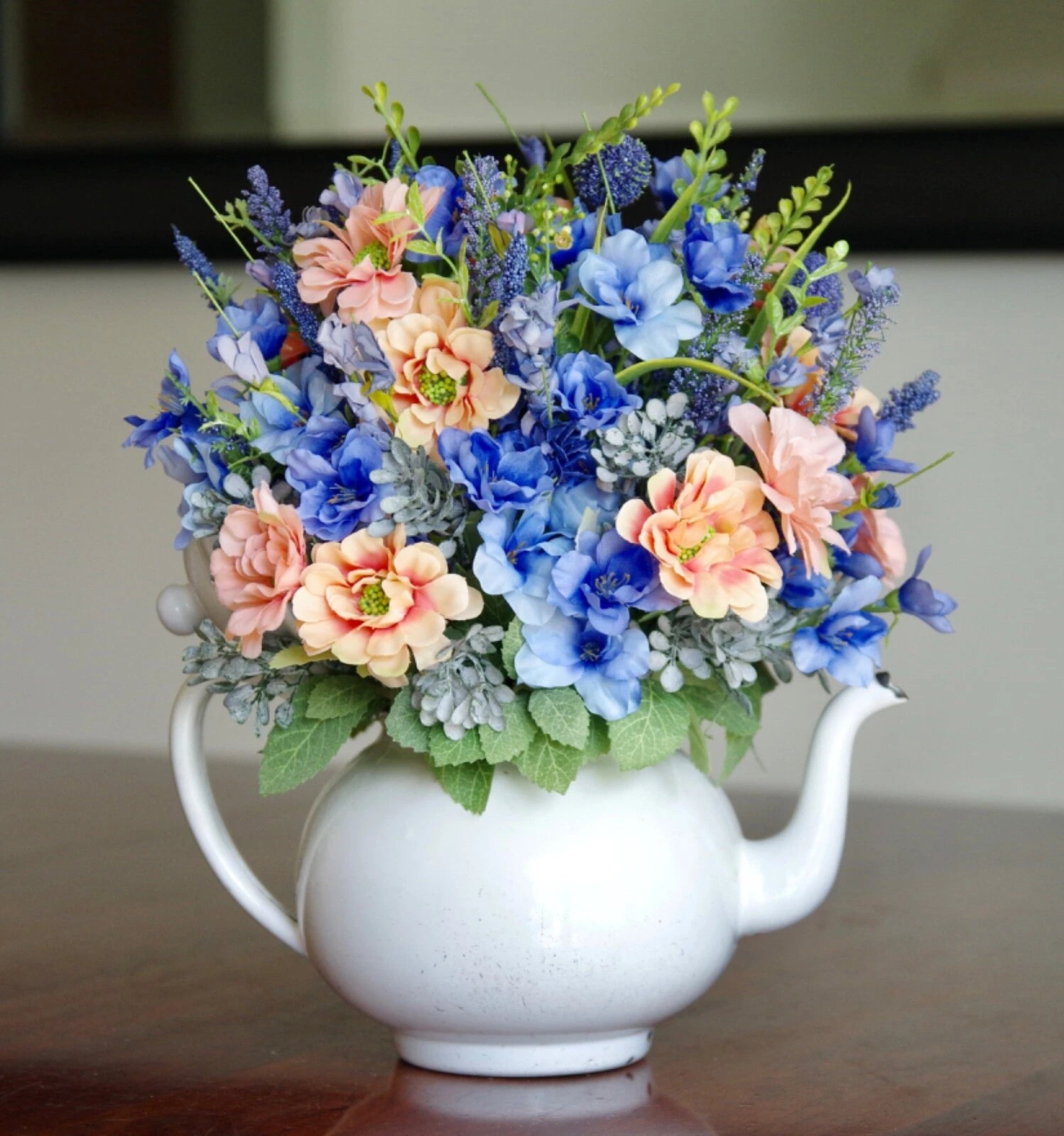 Vintage White Enamel Teapot With Peach Daisies With Blue Delphinium, Wildflowers