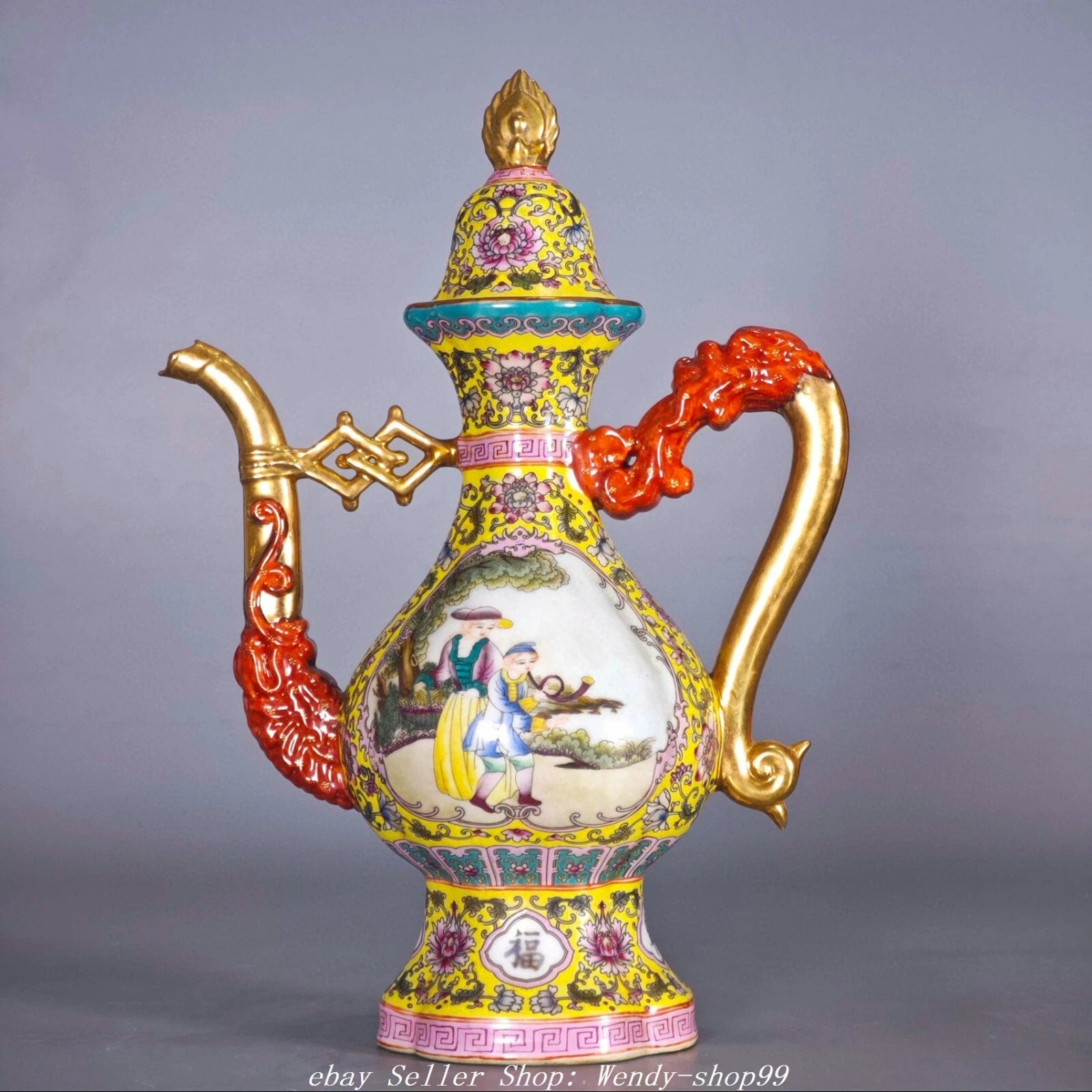 YongZheng Colour Enamel Porcelain Gilt Dragon Beast Belle Wine Tea Pot Flagon